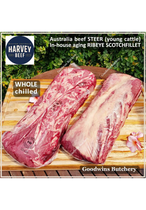 Beef Ribeye AUSTRALIA STEER (young cattle) aged chilled whole cut +/- 4.5kg brand HARVEY PREORDER 2-3 days notice (Scotch-Fillet / Cube-Roll)